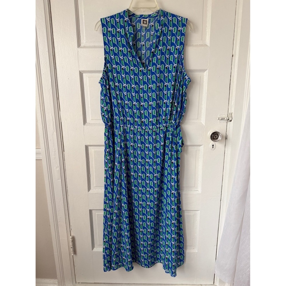 Anne Klein Blue & Green Geometric Sleeveless Maxi Dress Cinched Waist Office Lg - Picture 17 of 17
